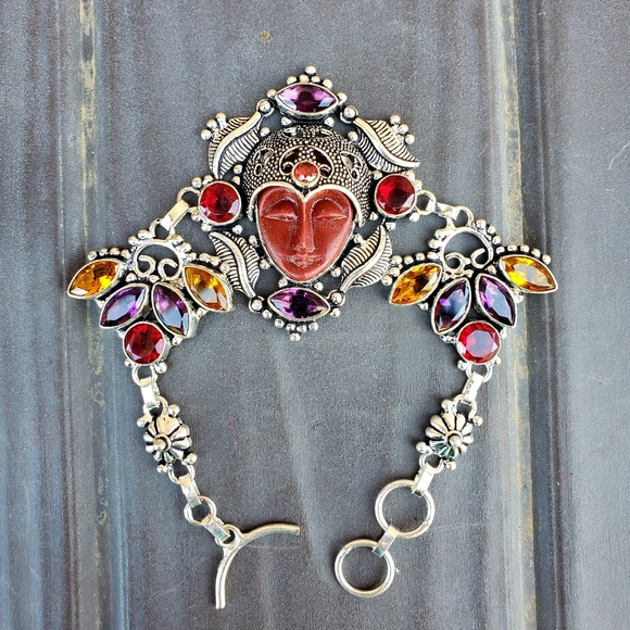 New Carved Goddess Face Multi Gemstone 925 Bracelet. - Picture 2 of 16